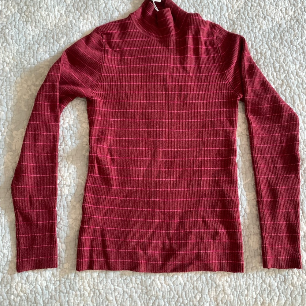 Marine Layer Chamonix Ribbed Turtleneck Sweater, Ruby Wine/Fuchsia Purple Stripe